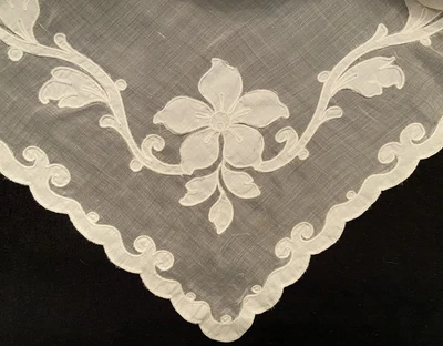$10.99 • Buy Vintage SHEER WHITE COTTON TABLECLOTH-APPLIQUED BORDER-Shabby Chic-*AS IS*-40x40