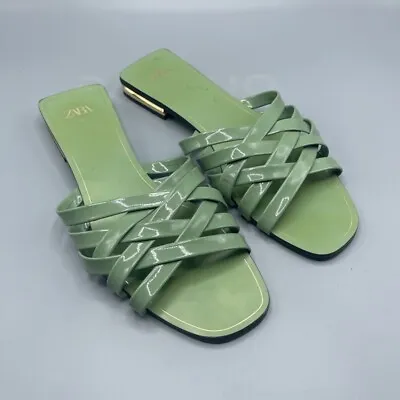 $49.95 • Buy Zara Womens Slides Sandals Green Strappy Patent Flat Heel Block Slip On 8.5