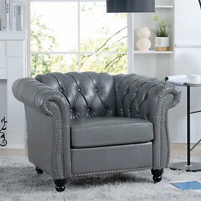 Leelouis Chesterfield Sofa Chair Gloss Faux Leather Upholster Gray • $399.99
