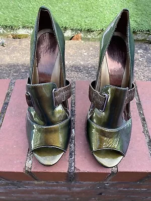 Ladies Faith Sage Green Two Tone Stiletto Shoes Peep Tie Size 6 EU 39 • £6