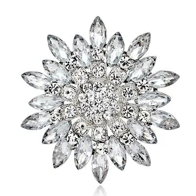 £4.31 • Buy Silver Large Flower Brooch Crystal Rhinestone Diamante Wedding Bridal Broach Pin