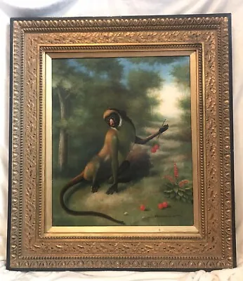 Vintage Oil Painting On Canvas Signed MONKEY IN FOREST Gold Frame 34 X 30 • $1099.99