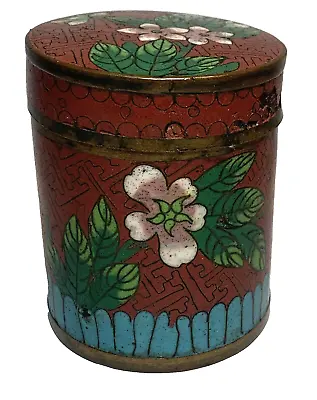 Vintage China Cloisonne Red Round Metal Tea Trinket Box Floral Design 3  - READ • $13.50
