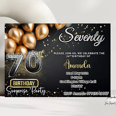 Personalised Surprise 70th Black Gold Stylish Birthday Party Invitations • £3.99