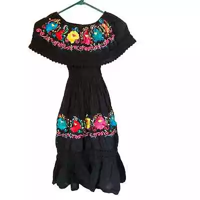 VTG Young Girl's Dress Mexican Black Cotton Floral Embroidered Size CH • $15