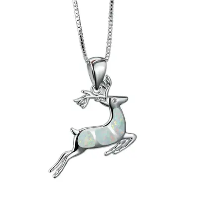 White Opal Deer Elk Pendant Necklace Silver Color 18  Chain Animal Antlers Buck • $8.95