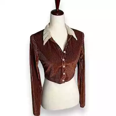 Cinder Contrast Collar Velvet Button Front Crop Top Long Sleeve Brown Tan Medium • $13.59