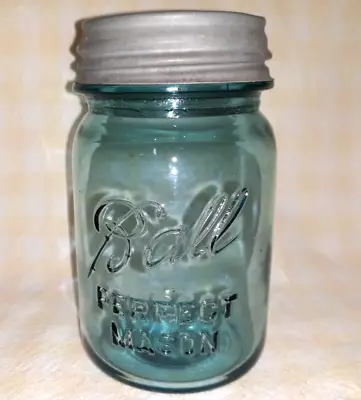 Antique Blue Glass Pint BALL Perfect Mason Jar 1922-33 Zinc Lid • $16.95