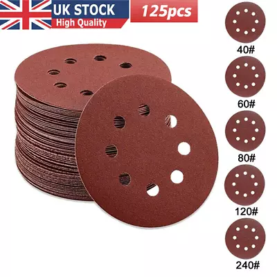 125mm - 5  8 Hole Sanding Discs 40 60 80 120 240 Grit Orbital Sander Pad UK • £7.59