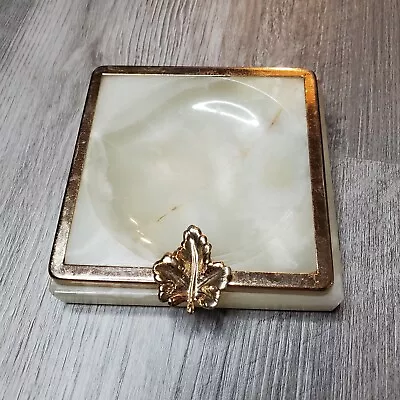 Marble And Brass Leaf Design Table Ash Tray Cream White Heavy Rare Collectable  • $24.99