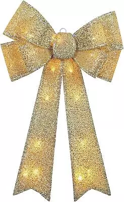 60cm LARGE LIGHT UP BOW DECORATION WITH 20 WARM LED LIGHTS DOOR TREE TOPPER GOLD • £13.49