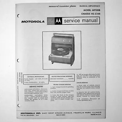 Motorola ® Model MP100B Portable Record Player Stereo Service Manual © 1965 • $4.70