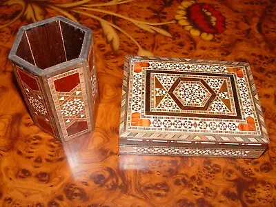 2 Vintage Hand Crafted Syrian Wood Marquetry Mosaic Inlaid Jewelry Cigarette Box • $26.99