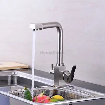 Brushed Kitchen Monobloc 3 Way Swivel Sink Mixer Tap Pure Drinking Water Faucet • £78.60