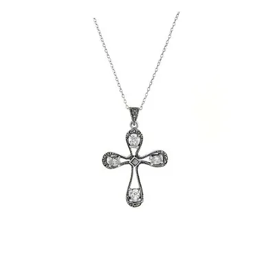 925 Sterling Silver Genuine Marcasite Cross CZ Pendant Necklace - 18  • $11.99