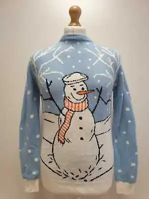 Y8 Mens Charles Wilson Blue Mix Snowman Theme Christmas Knit Jumper Uk M Eu 50 • £14.99