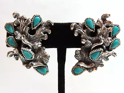 Vintage Southwestern Style Faux Turquoise Leaf Drop Clip-On Earrings Silver-Tone • $15