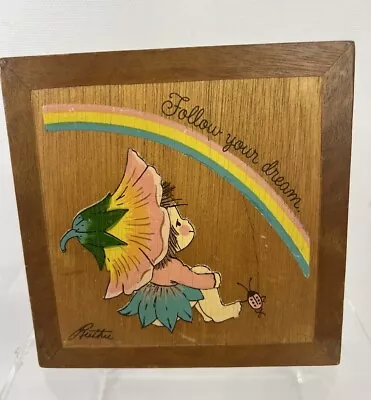 VTG Hallmark Sprinbok Ruth Moorhead Wood Plaque Follow Your Dreams Fiary Rainbow • $9.34