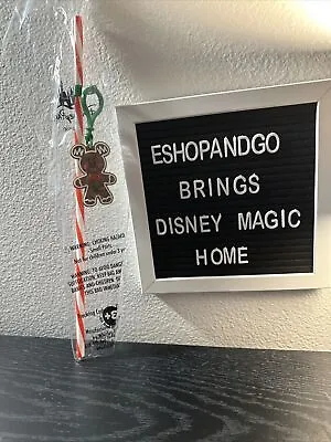 New Disney Parks Christmas Holiday Candy Cane Straw With Mickey Gingerbread Clip • $19.99