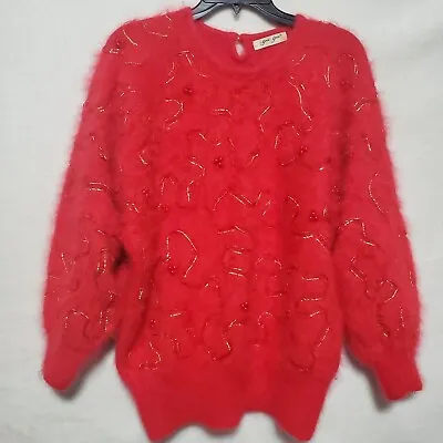 VTG Gee Gee 80s Vintage LG Angora Valentine Sweater Pullover Ribbon Beaded W19 • $150