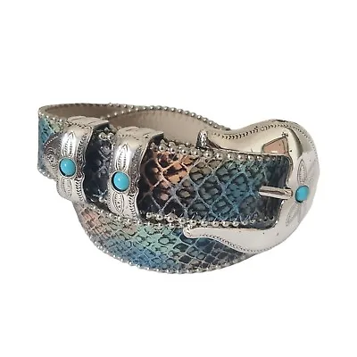 BB Simon Belt Blue Reptile Snake Western Turquoise Silver Tone Leather XL • $80