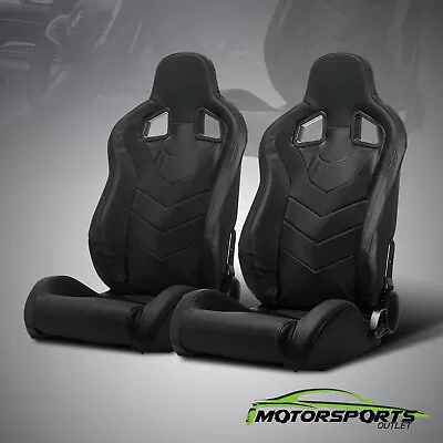 2 X Reclinable Black PVC Punching Leather Left/Right Racing Seats + Slider Pair • $299.98