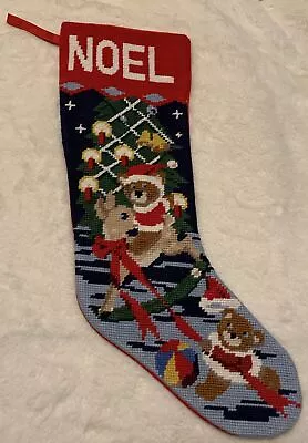 Vintage 19” Needlepoint Christmas Stocking Teddy Bear On Rocking Horse NOEL • $19.99