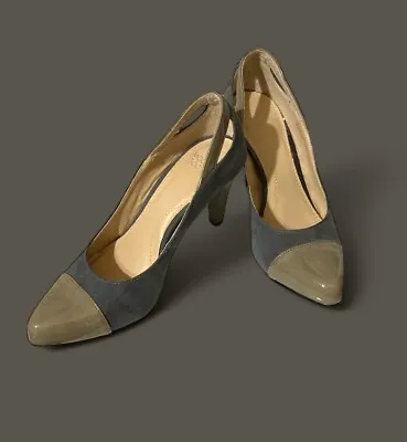 Mootsies Tootsies Sz. 6.5 Pumps Gray Suede Olive Green Faux Patent Shoes 3” Heel • $8