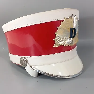 VTG Fruhauf Uniform Band Hat 7-1/4 Red White Letter D Emblem Chin Strap Costume • $21.46