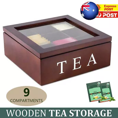 Wooden Tea Bag Chest Box Glass Window Wood Jewellery Storage Organiser AU Stock • $38.93