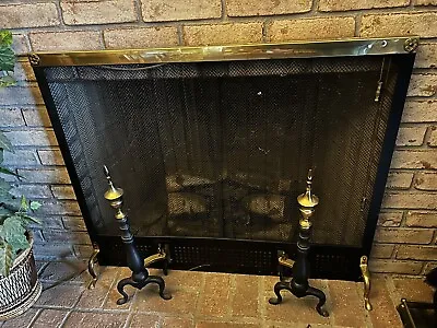 Antique Fireplace Screen Chain Curtain Andirons Set Lot Victorian Gothic Vtg • $219.99