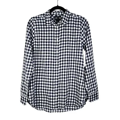 J.Crew Women Size 6 Boy Fit Button Up Plaid Shirt Top White Blue Blouse • $25