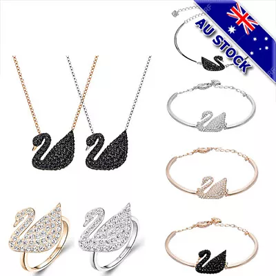 Genuine 18K Gold Plated CZ Crystal Swan Earring Ring Bracelet Necklace Set Party • $19.97