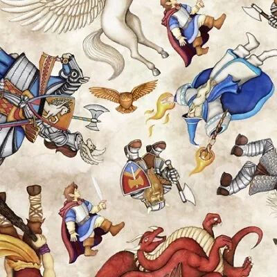 Dragon Quest Fabric 100% Quilters Cotton Medieval Swords Wizard Dragon Jouster • $6.50