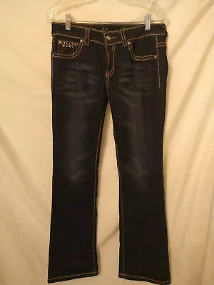 MISS CHIC Women's Gold Stitch Rhinestone Stretch Low Rise Jeans Sz 11 Bootcut • $18.90