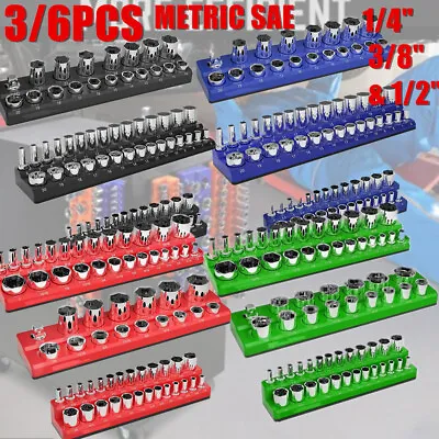 3/6PC Socket Organizer Storage Holder Set Magnetic 1/4 3/8 1/2 Metric SAE • $32.99