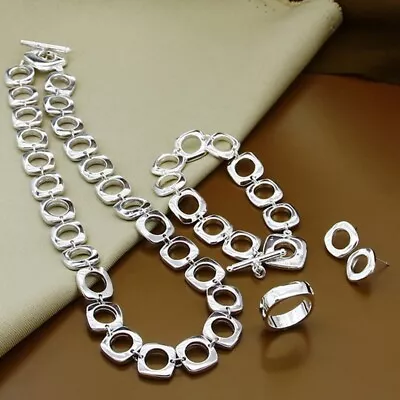 925 Sterling Silver Square Rings Necklace Bracelet Earrings Women Jewelry Sets • $14.99