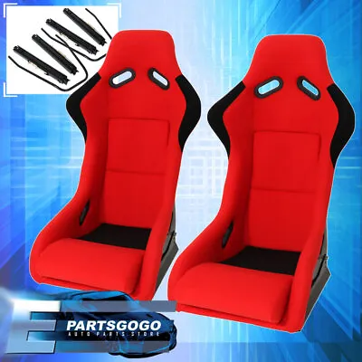 2x Universal Red Fabric Full Bucket Non-Reclinable Racing Seats + Slider Rails • $303.99