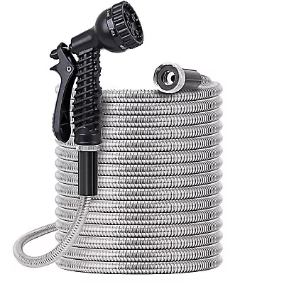 100FT Stainless Steel Garden Hose Pipe Water Rust-Proof Kink-Free With Spray Gun • £23.99