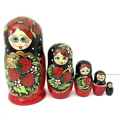 Russian Matryoshka Nesting Dolls Wood Hand Painted 5 Pcs Strawberry Red Black 6” • $34.95