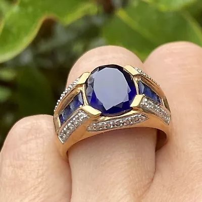 10K Yellow Gold Lab-Created Faceted Blue Sapphire Diamond Mens Vintage Ring 10.5 • $1200