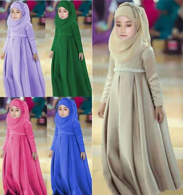 3PCS Kids Girls Muslim Hijab Abaya Maxi Dress Bow Sets Kaftan Children Kaftan • £18.99