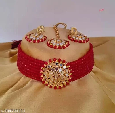$21.90 • Buy Indian Bollywood Style Gold Plated Glass Kundan Choker Necklace Red Jewelry Set-