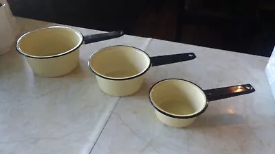 Vintage Yellow/Black Enamelware Sauce Pan Pots -  Set Of 3 • $29.90