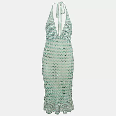 M Missoni Green Chevron Pattern Knit Tie-Up Neck Midi Dress L • $162.75