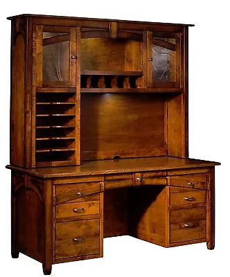 Amish Transitional Computer Desk Hutch Drawers Glass Doors Solid Wood  66  • $5150