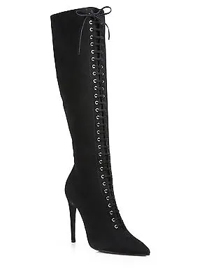 $1600 Miu Miu- Prada Black Suede Lace Up Pointy Toe Boots Tall Booties 36- 6 • $398