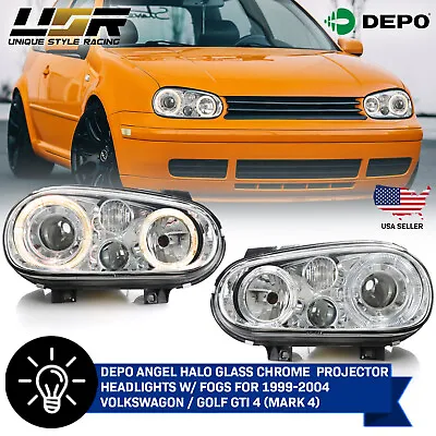 DEPO Angel Halo Glass Chrome Projector Headlight W/ For Fog 99-04 VW Golf GTi 4 • $178.46