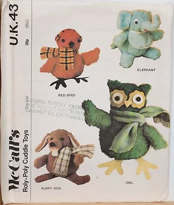 £12.99 • Buy McCalls Sewing Pattern 43 Roly-Poly Toy Animals Elephant Dog Owl Vintage 1970s 