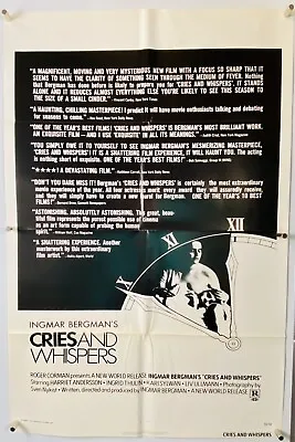 CRIES AND WHISPERS Movie Poster (VeryFine+) One Sheet Ingmar Bergman 1972 26307 • $8